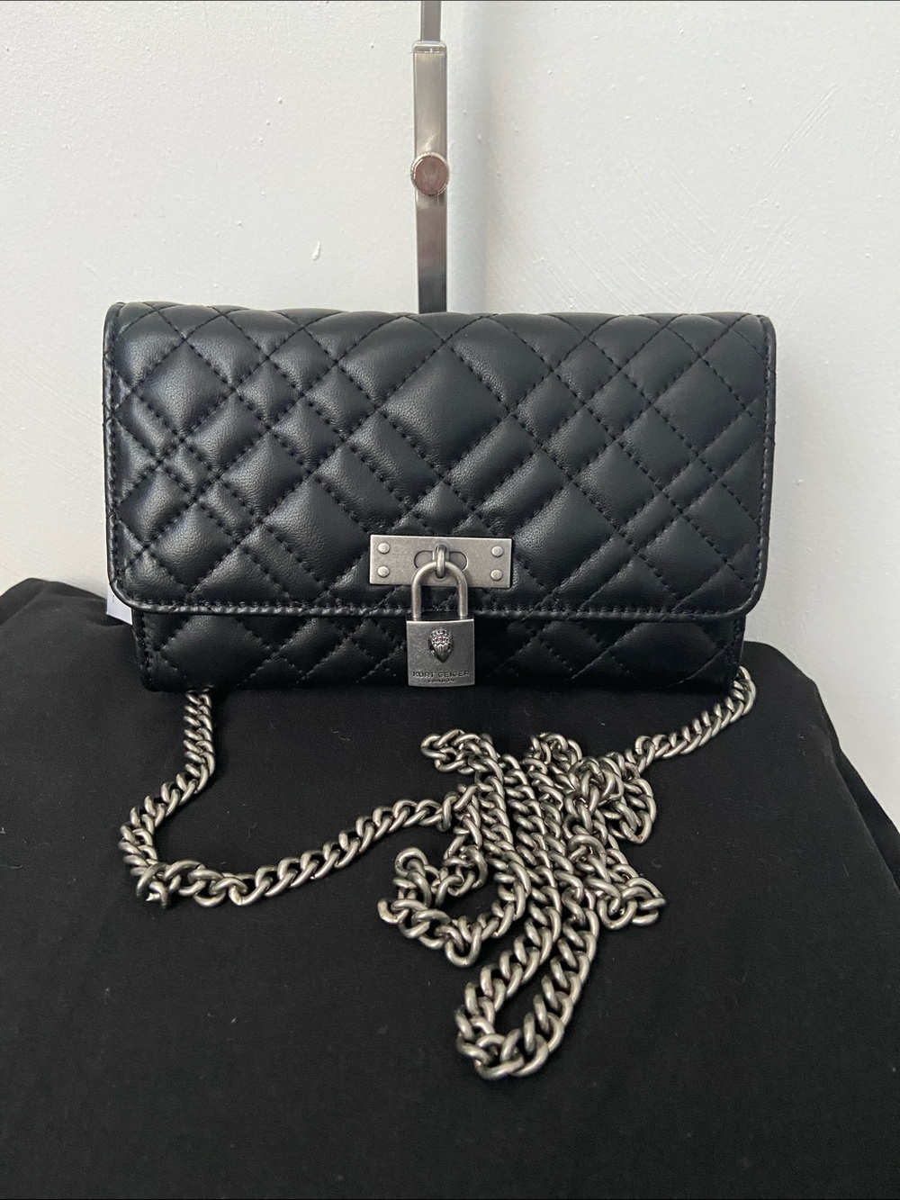 Kurt Geiger Black Quilted Crossbody Bag with Silver Chain and Padlock